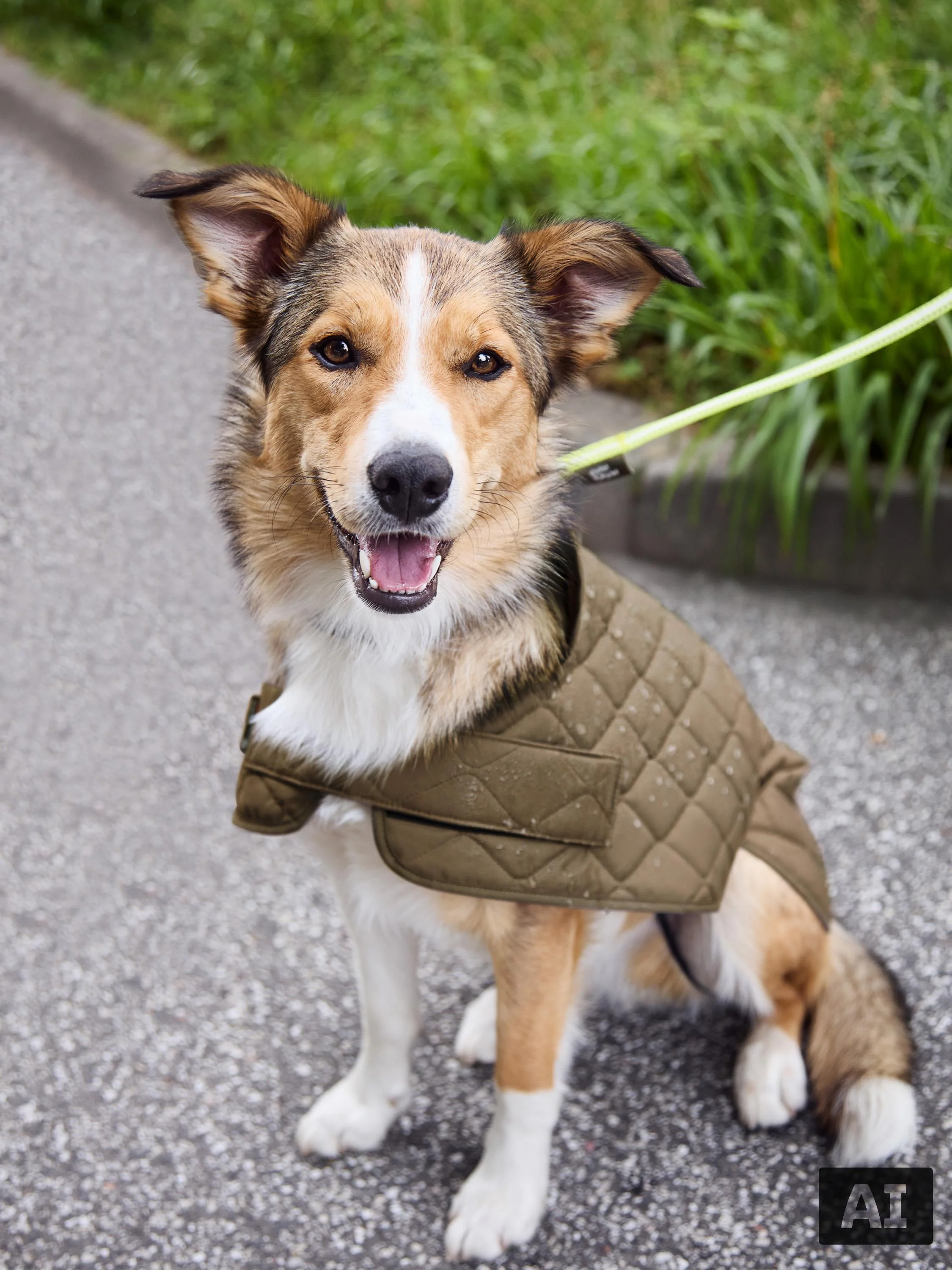 Hund trägt den braunen Hundemantel