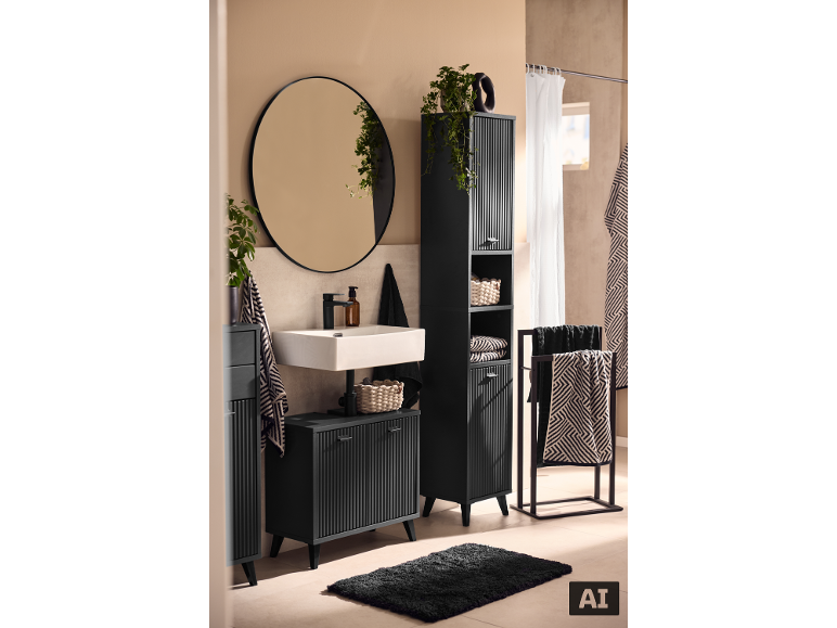 Modernes, dunkelgraues Badmöbel-Set mit rundem Spiegel und passenden Accessoires