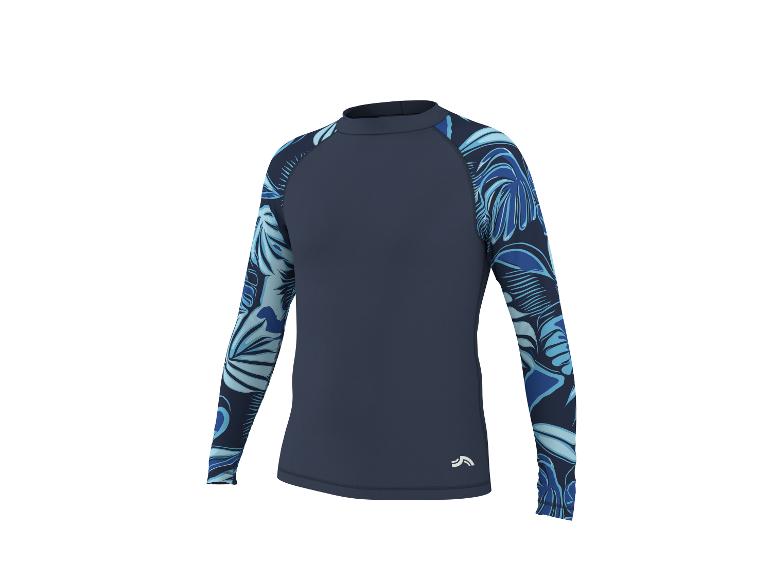 Dunkelblaues Langarmshirt mit blauem Blattmuster an den Ärmeln.