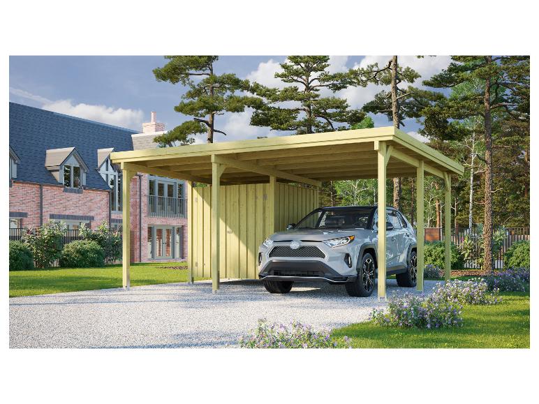 Holzcarport mit Abstellraum und einem darunter geparkten Auto.