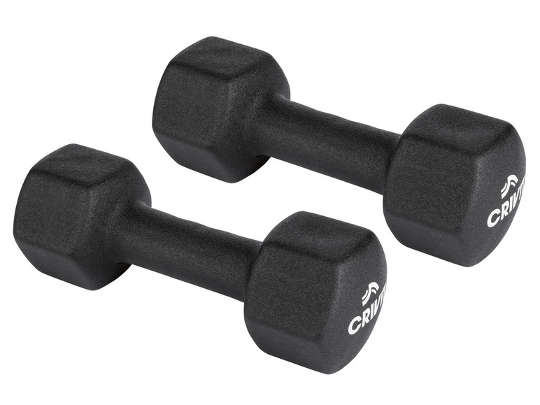 Zwei schwarze Crivit-Hanteln für Fitness.