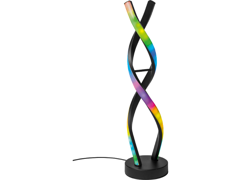 LED-Tischleuchte in Form einer Doppelspirale mit buntem Licht.