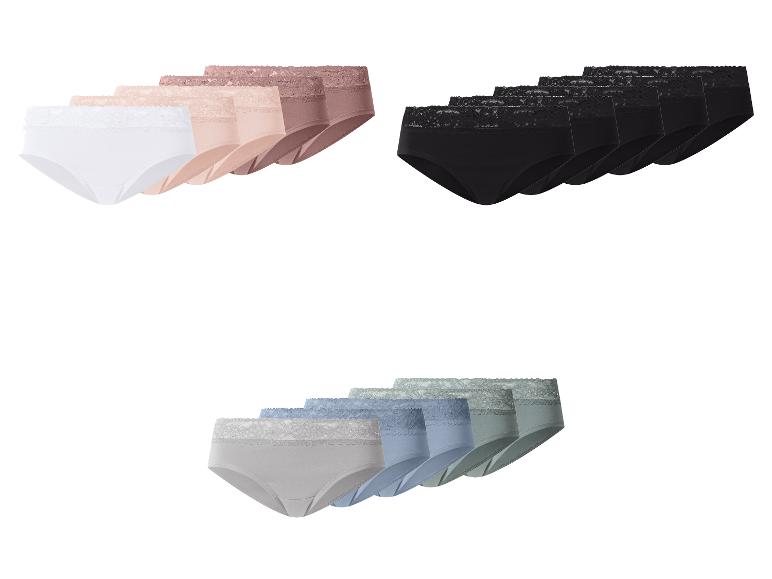 Sechserpack Damen-Spitzenslips in Weiß, Beige, Schwarz, Grau, Blau und Grün.