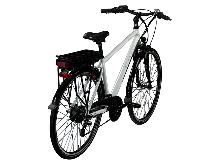 Ein weißes E-Bike mit einem schwarzen Gepäckträger.