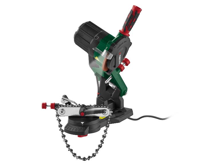 Parkside Kettenschärfgerät mit Kette auf weißem Hintergrund