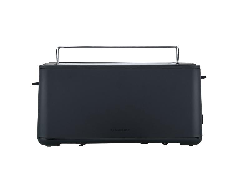 Schwarzer Langschlitztoaster mit Brötchenaufsatz