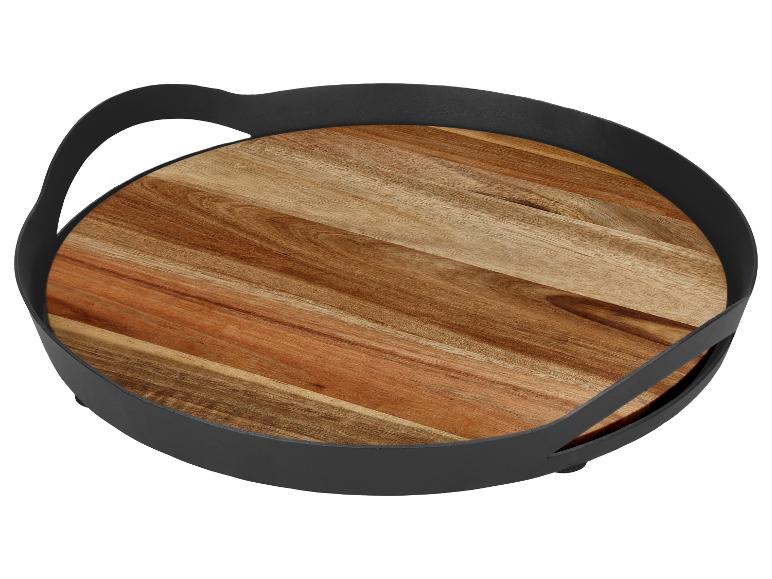 Rundes Serviertablett mit schwarzem Metallrahmen und Holzplatte