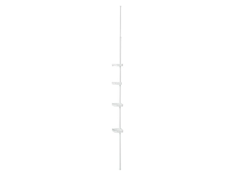 Weißes Teleskop-Duschregal mit vier dreieckigen Ablagekörben.