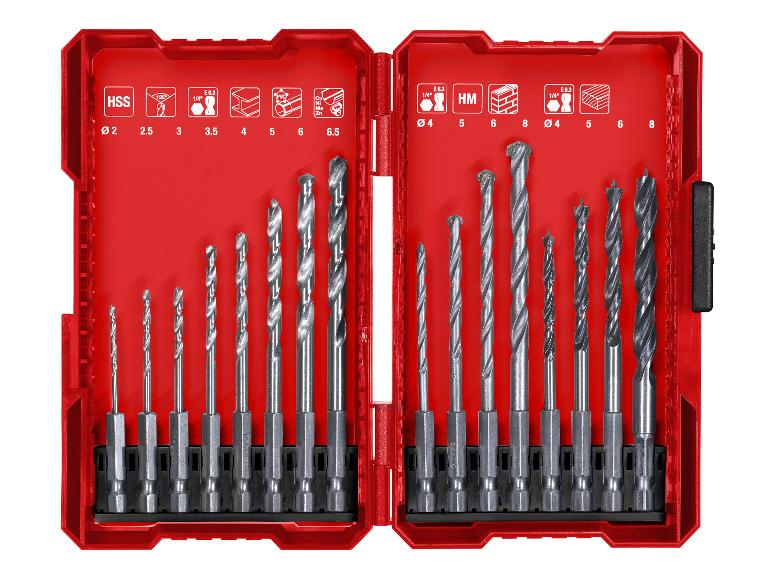 Bohrerset mit HSS- und HM-Bohrern für verschiedene Größen und Materialien.
