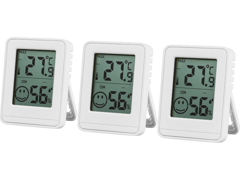 Drei weiße digitale Thermometer-Hygrometer, die 27,5°C und 56% Luftfeuchtigkeit anzeigen