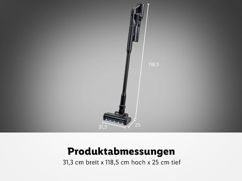 Schwarzer Akku-Staubsauger mit Maßen: 31,3 cm breit x 118,5 cm hoch x 25 cm tief.