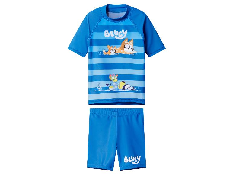 Blauer Kinder-Badeanzug mit gestreiftem Kurzarmshirt und Shorts, bedruckt mit Zeichentrickfiguren.