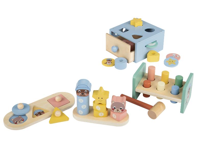 Holzspielzeug-Set für Babys mit Formsortierer, Hammer und Stapler