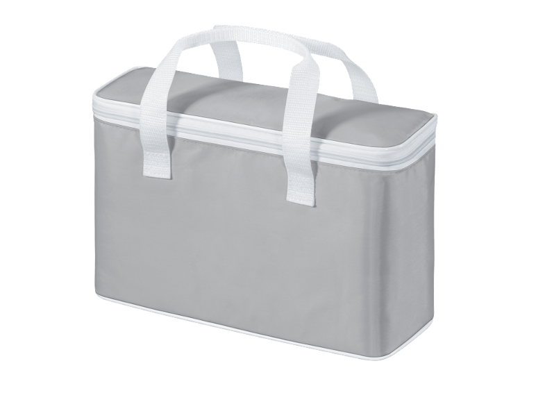 Graue Kühltasche mit weißen Tragegriffen.