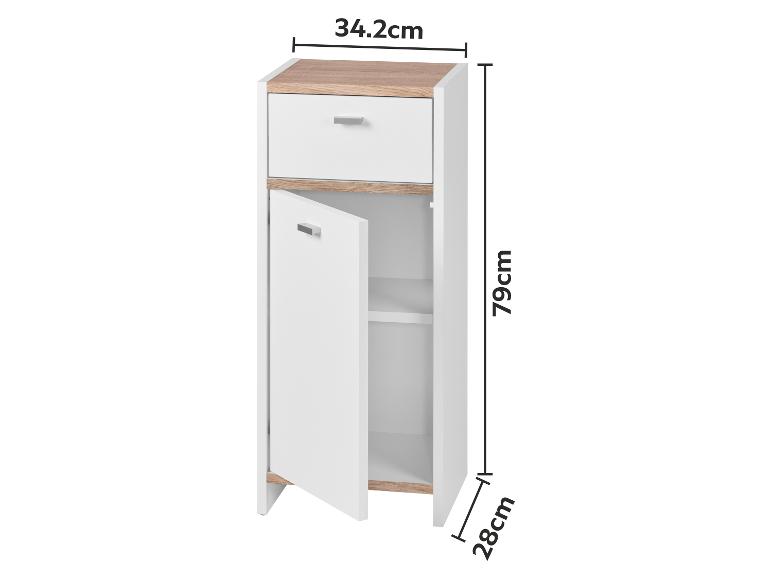 Weißer und holzfarbener Badezimmerschrank mit Schublade und Tür, 34,2x79x28cm.