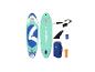 Blau-mintfarbenes SUP-Board mit Zubehör, inklusive Finne, Leash, Tasche und Behälter.