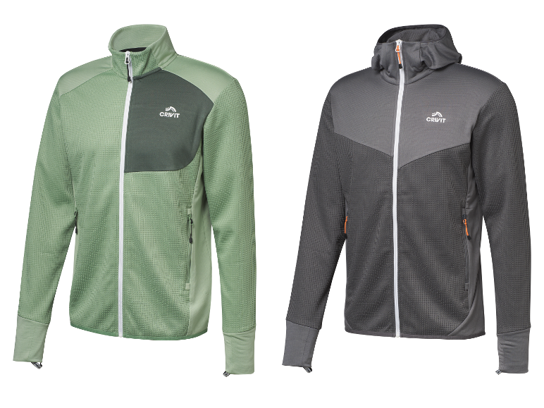 Zwei Crivit Fleecejacken, eine mit Kapuze und eine ohne.