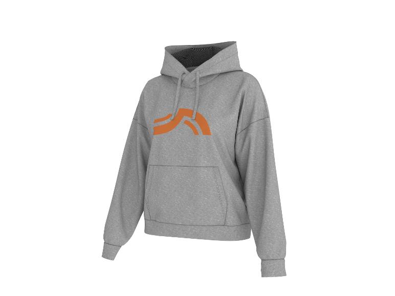 Grauer Kapuzenpullover mit orangefarbenem Logo auf der Vorderseite
