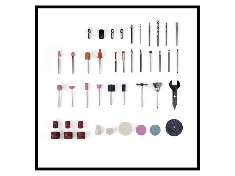 Ein Set verschiedener Zubehörteile für Rotationswerkzeuge, darunter Schleifsteine, Bohrer, Schleifbänder und Bürsten.