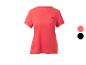 Korallenfarbenes Damen-Sport-T-Shirt mit kleinem schwarzem Logo auf der Brust.