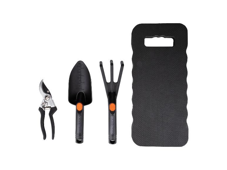 Gartengeräte-Set: Gartenschere, Schaufel, Harke und Kniekissen.