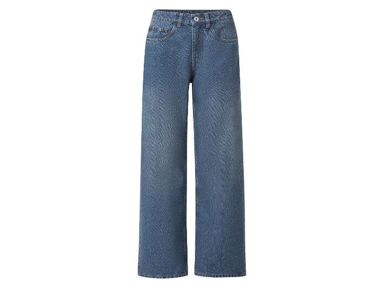 Blaue Wide-Leg-Jeans mit hoher Taille und Vordertaschen.