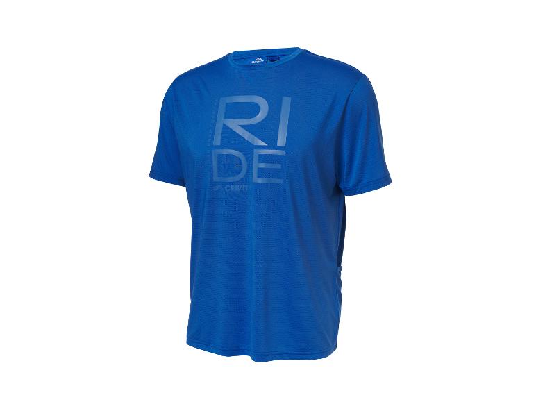 Blaues kurzärmeliges Sport-T-Shirt mit „RIDE“-Schriftzug auf der Vorderseite