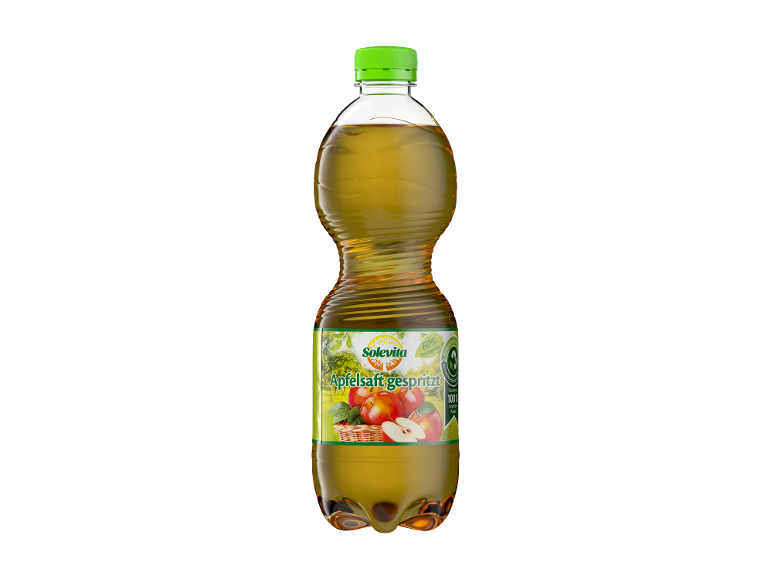 Flasche Apfelsaftschorle mit grünem Deckel und Apfel-Etikett.
