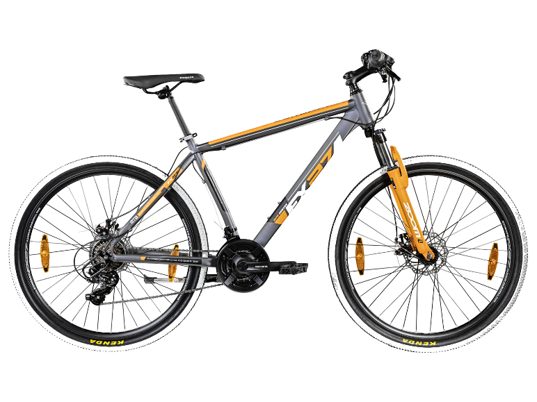 Graues und oranges Mountainbike mit Kenda-Reifen und Shimano-Komponenten.