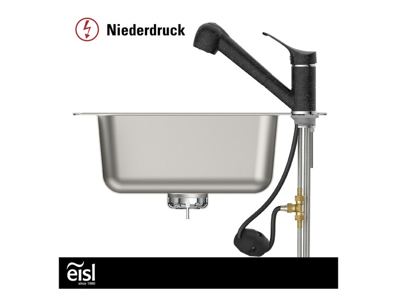 Ein Eisl Spülbecken mit einem schwarzen Wasserhahn