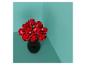 Strauß roter Rosen in einer Vase vor türkisfarbenem Hintergrund.