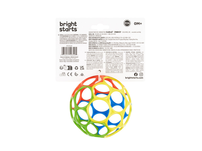 Ein bunter Bright Starts Ball mit Löchern für Babys.