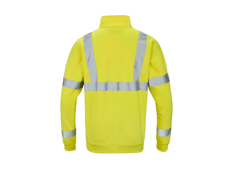 Gelbes Sicherheits-Sweatshirt mit reflektierenden Streifen, Rückansicht.