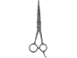Schwarze Haarschneideschere mit verstellbarer Schraube.