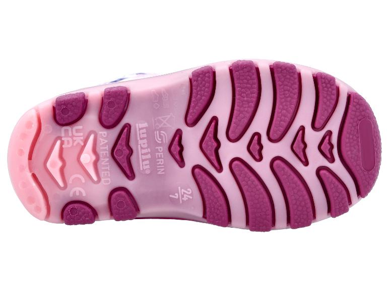 Rosa und lila Lupilu Sandalensohle, zeigt Größen und Patentinformationen.