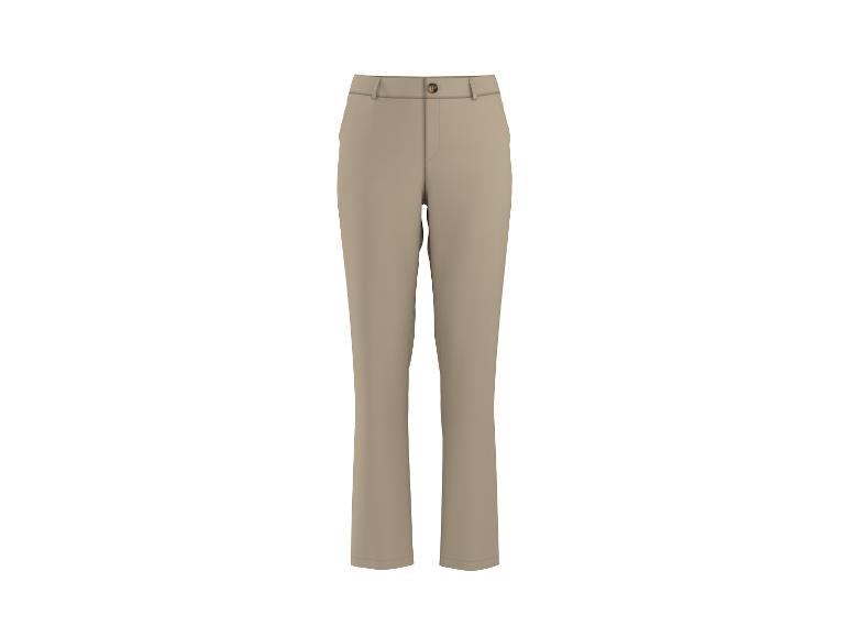 Beige Damenhose mit hoher Taille und Knopf.
