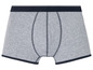 Graue Boxershorts mit blauem Bund.