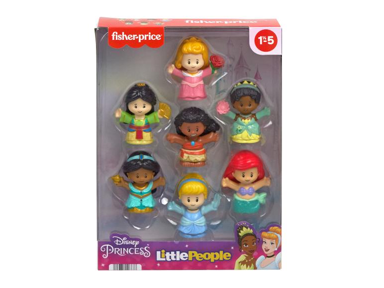 Ein Set aus sieben Disney Prinzessin Little People Figuren in einer transparenten Plastikbox, für 1½-5 Jahre.