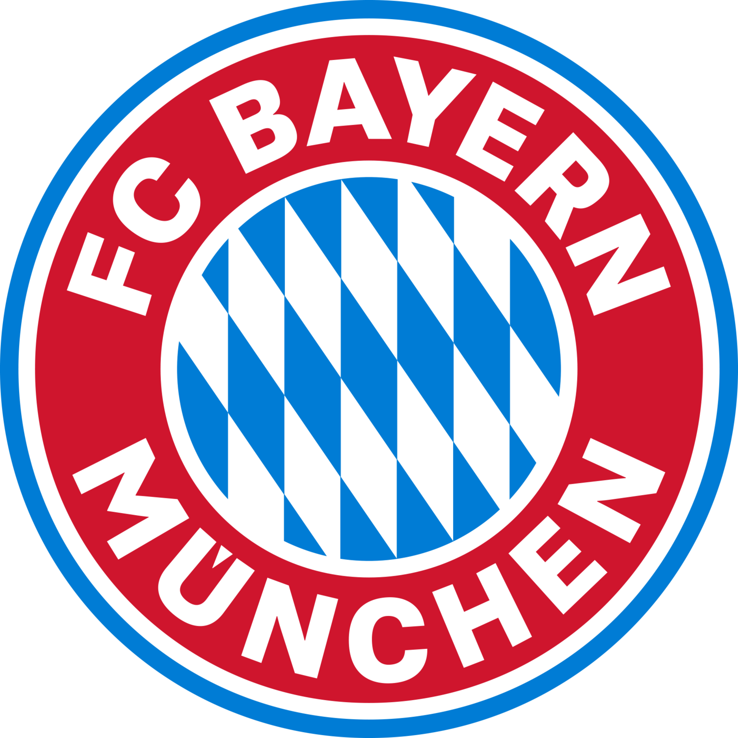 Rotes und blaues rundes Siegel mit den Buchstaben „FC BAYERN MÜNCHEN“ und einem Karomuster.
