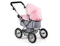 Ein rosa Kinderwagen mit grauem Gestell.