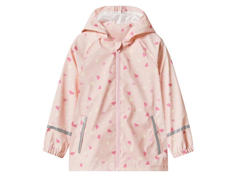 Rosa Kinder-Regenjacke mit Herz- und Punktmuster, Reißverschluss und Reflektorstreifen.