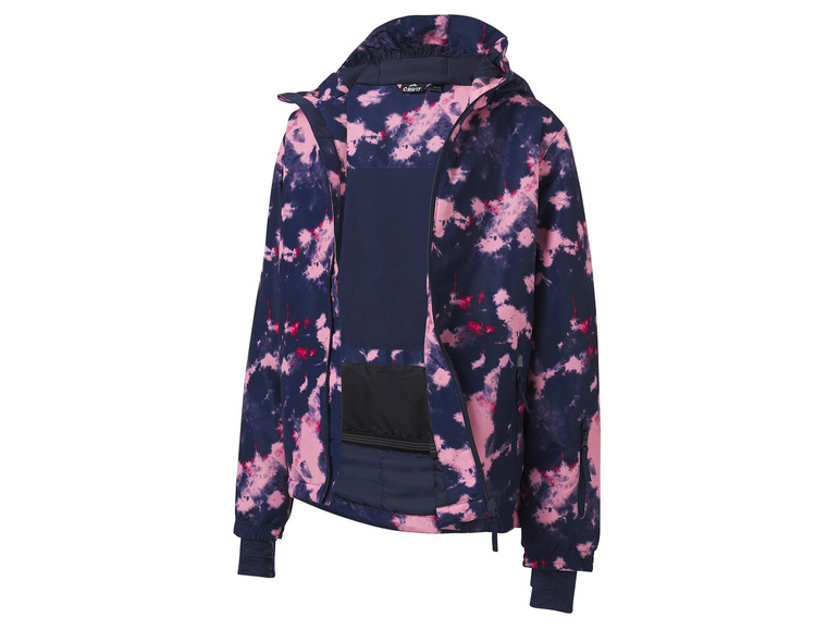 Eine blaue Jacke mit rosa und roten Wolkenmuster von Crivit.
