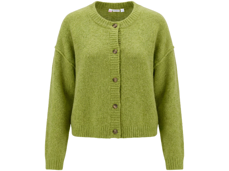 Grüne Strickjacke mit Knöpfen.