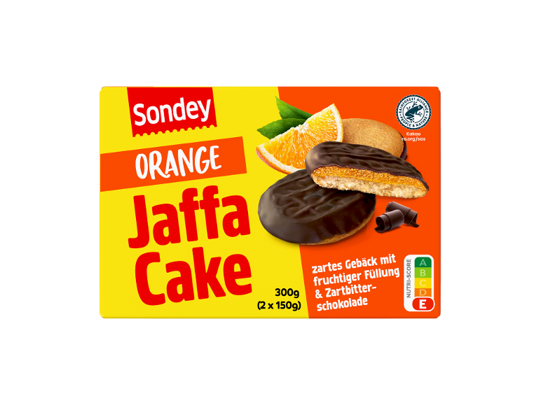 Orangen Jaffa Cakes mit Schokoladenüberzug, fruchtiger Füllung und Nutri-Score E.
