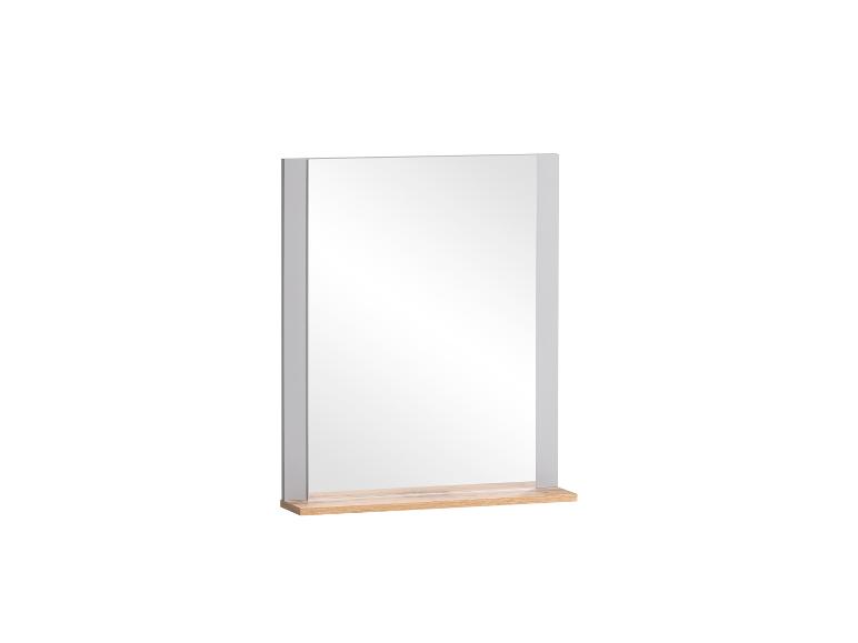 Rechteckiger Spiegel mit grauem Rahmen und heller Holzablage