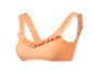 Orangefarbenes Bikini-Oberteil mit Rüschen, auf weißem Hintergrund.