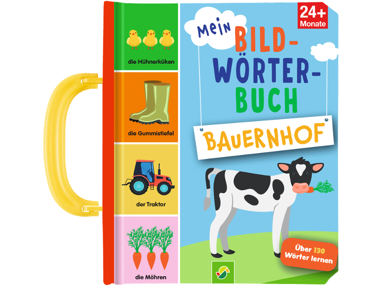 Kinder-Bildwörterbuch zum Thema Bauernhof, zeigt Küken, Stiefel, Traktor, Karotten und Kuh.