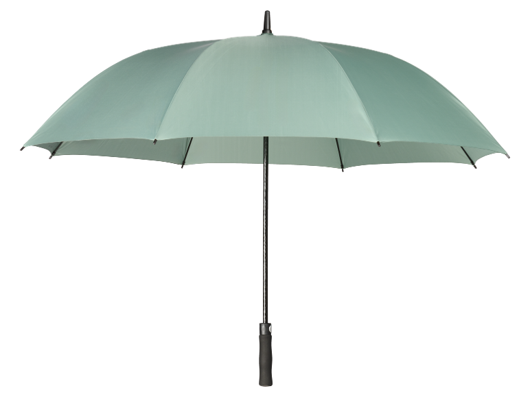 Offener hellgrüner Regenschirm auf schwarzem Hintergrund