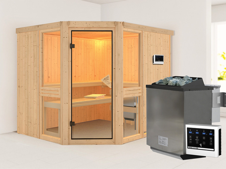 Gehe zu Vollbildansicht: Karibu Indoor-Sauna »Helsinki«, mit Eckeinstieg, 9 kW Ofen - Bild 35