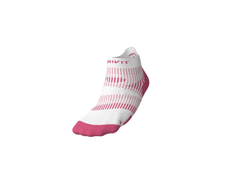 Weiße CRIVIT Socken mit rosa Streifen und Zehenbereich.